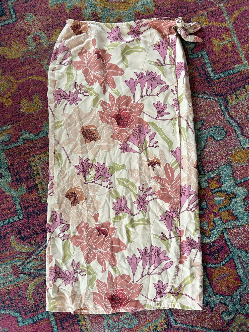 Tommy Bahama | Women’s Peach/Multicolor Floral 100% Silk Faux Wrap Maxi Skirt S - Picture 2 of 11